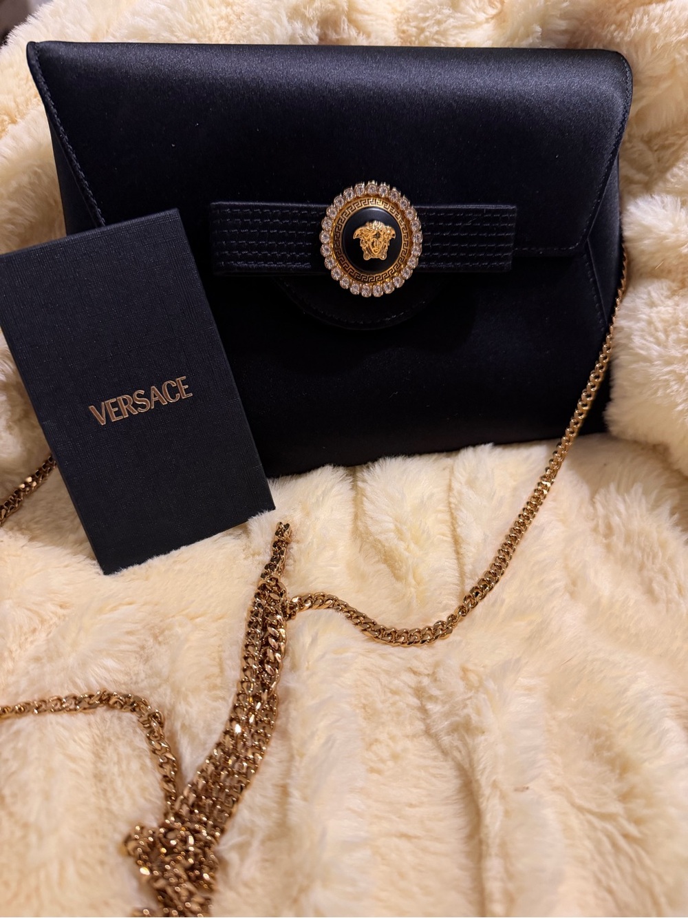 Versace Black Satin Medusa Crystal-Trim Crossbody with Gold Chain